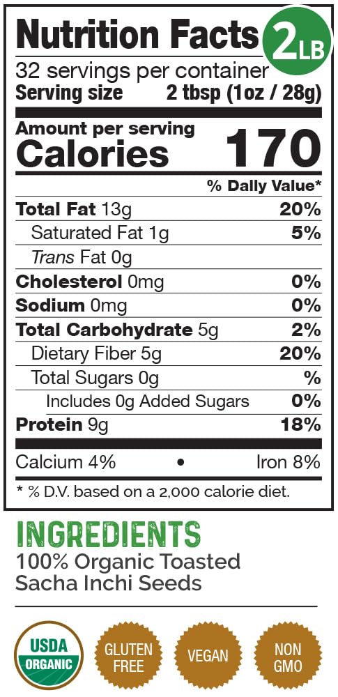 HerbaZest Sacha Inchi Seeds - USDA Organic, Vegan, Non-GMO, Gluten-Free - 2 LB