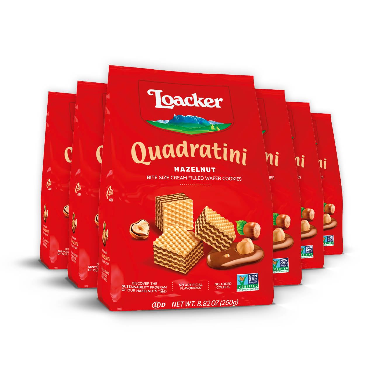 Loacker Quadratini Hazelnut Wafer Cookies LARGE - Premium Crispy Bite Size Wafers - 30% Less Sugar - NON-GMO - LARGE Pack of 6