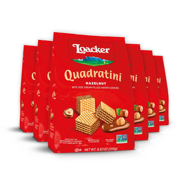 Loacker Quadratini Hazelnut Wafer Cookies LARGE - Premium Crispy Bite Size Wafers - 30% Less Sugar - NON-GMO - LARGE Pack of 6