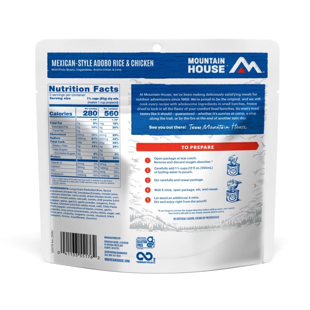 Mountain House Mexican Style Adobo Rice & Chicken | Freeze Dried Backpacking & Camping Food | 2-Servings | Gluten-Free