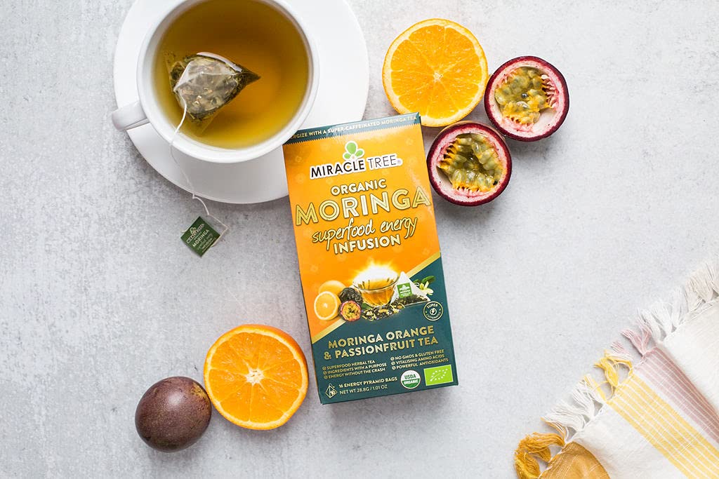 Tree Moringa Energy Tea - Orange & Passionfruit Flavor, Organic & Non-GMO, 3 Pack of 16 Pyramid Sachets