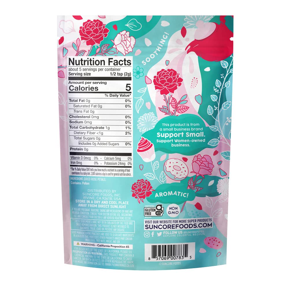 Suncore Foods Dried Rose Petals Tea, Caffeine-Free, Gluten-Free, Non-GMO, 0.3oz (1 Pack)