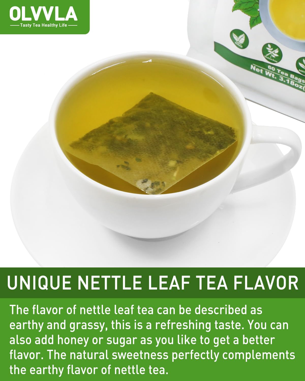 Olvvla Premium Nettle Leaf Tea, Caffeine-Free, Non-GMO, 60 Count