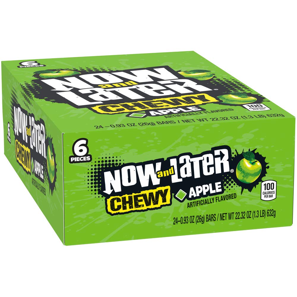Now & Later Soft Taffy Chews Candy, Apple, 0.93 Ounce Bar, Pack Of 24