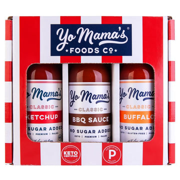Yo Mamas Foods Low Carb Condiments Gift Set | Includes (1) Buffalo Sauce  (1) Classic Ketchup  (1) Bbq Sauce | Keto-Paleo | All-Natural | Gluten-Free And Made From Fresh Ingredients