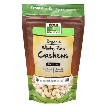 Now Foods, Certified Organic Cashews, Whole, Raw And Unsalted, Rich Buttery Flavor, Source Of Fiber, Protein And Iron, Certified Non-Gmo, 10-Ounce (Packaging May Vary)