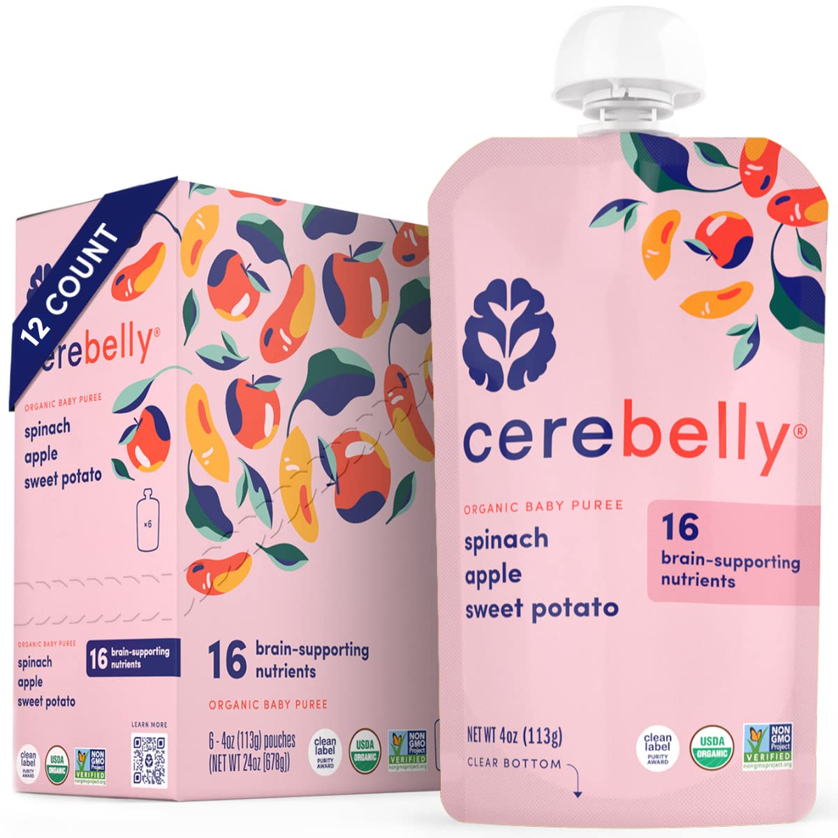 Cerebelly Organic Baby Food Pouches, Spinach Apple Sweet Potato Purees, 16 Nutrients, No Added Sugar, Fiber & Non-Gmo, 4Oz, 12 Pack
