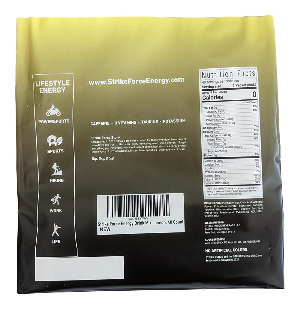 Strike Force Energy Drink Mix - Lemon Flavor - Natural Tasting Caffeine Drink - Turn Any Drink into a Healthy Energy Drink - Zero Calories  Keto Friendly  Sugar Free  Pre Workout (40 Liquid Packs)