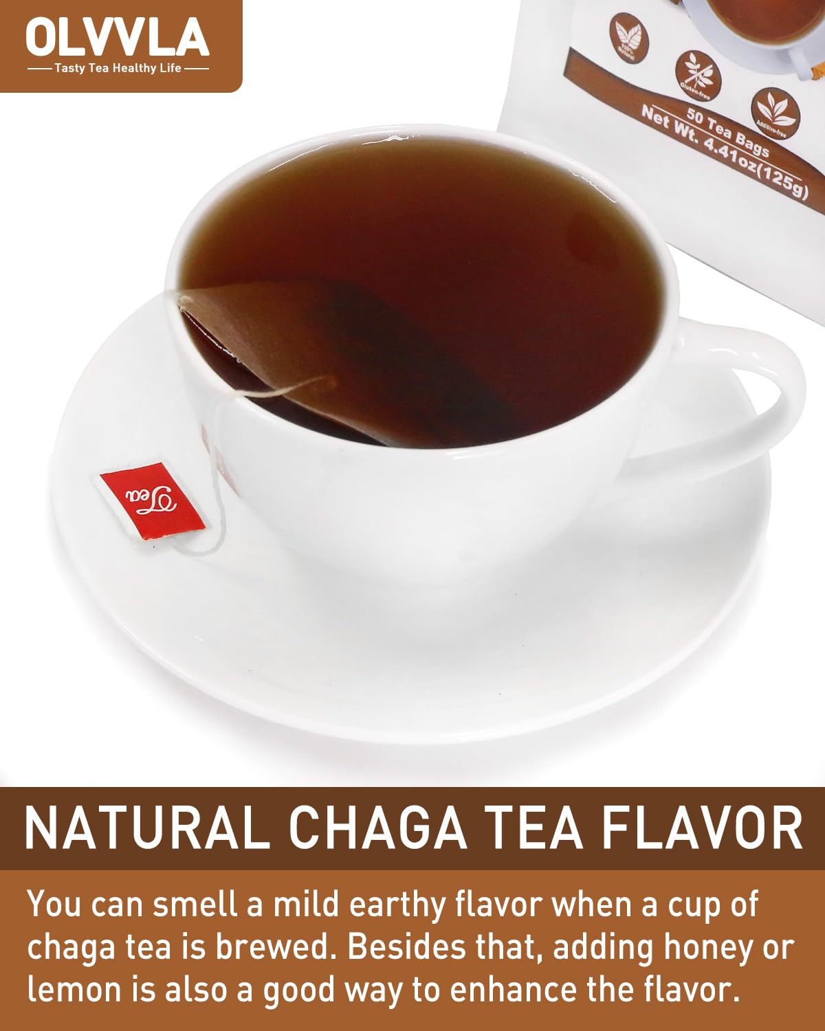 Olvvla Chaga Tea Bags - 100% Wild Natural Herbal Tea - Caffeine Free - 50 Count