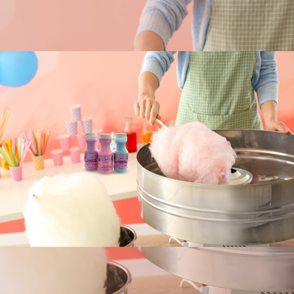 Lupy Lups! Sugar Mix Kit Floss Sugar w -3 Plastics Jars of 7 oz Blue Raspberry  Purple G & Pink Cherry- 25 Paper Cones- Create Fluffy Cotton Candy - Cotton Candy also floats atop beverages!
