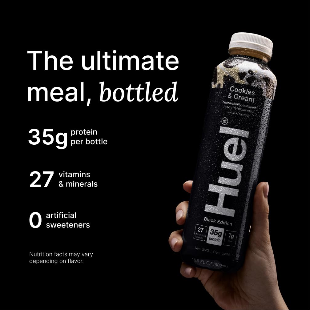 Huel Black Edition Ready-to-Drink | Cookies and Cream Meal Replacement Shake | 35g High Protein Drink | 27 Vitamins & Minerals  Vegan  Gluten Free | Plant Based | High Fiber  Low Sugar | 16.9 Fl Oz  12 Pack