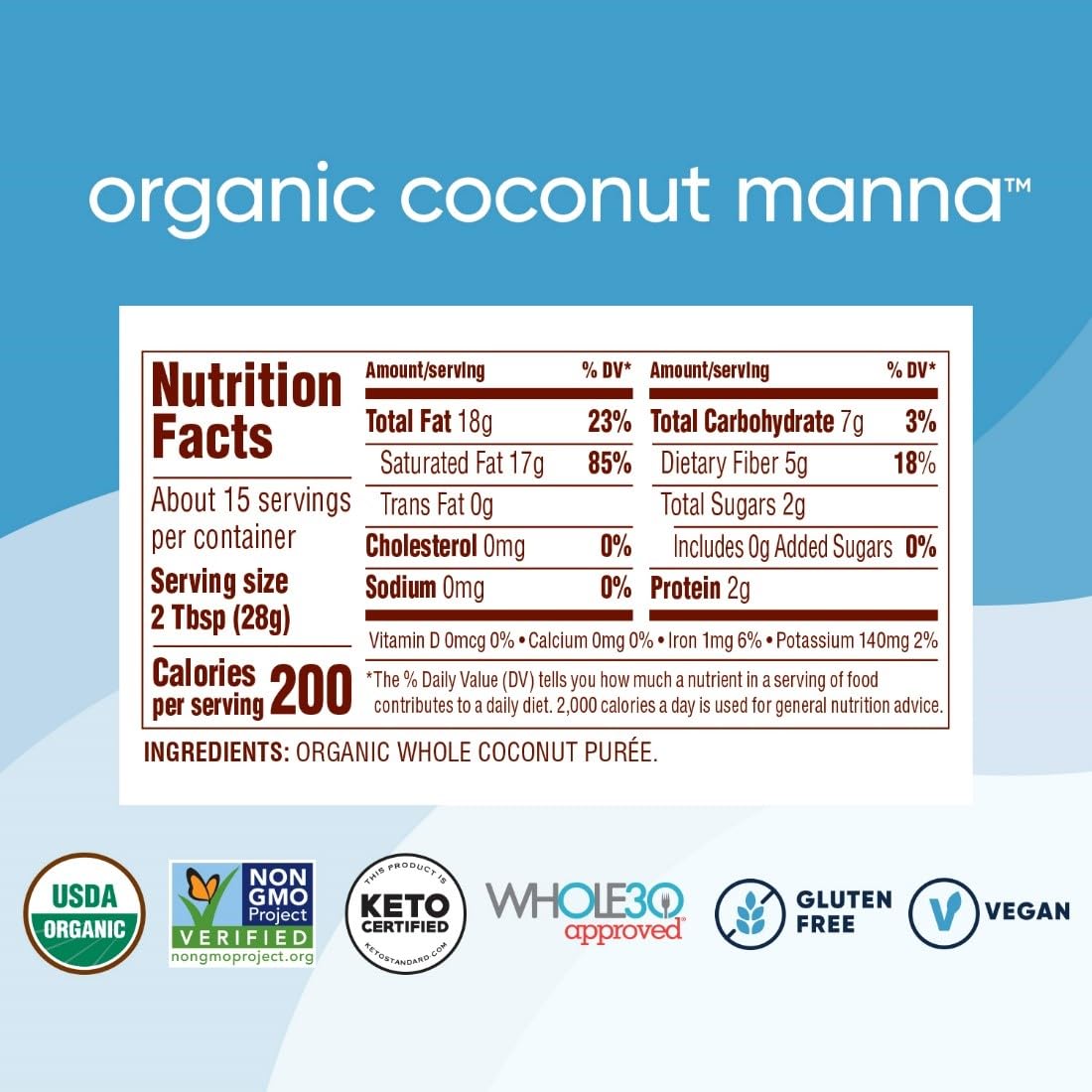 Nutiva Organic Coconut Manna Pur  ed Coconut Butter, 15 Oz (Pack of 2), USDA Organic, Non-GMO, Whole 30 Approved, Vegan, Gluten-