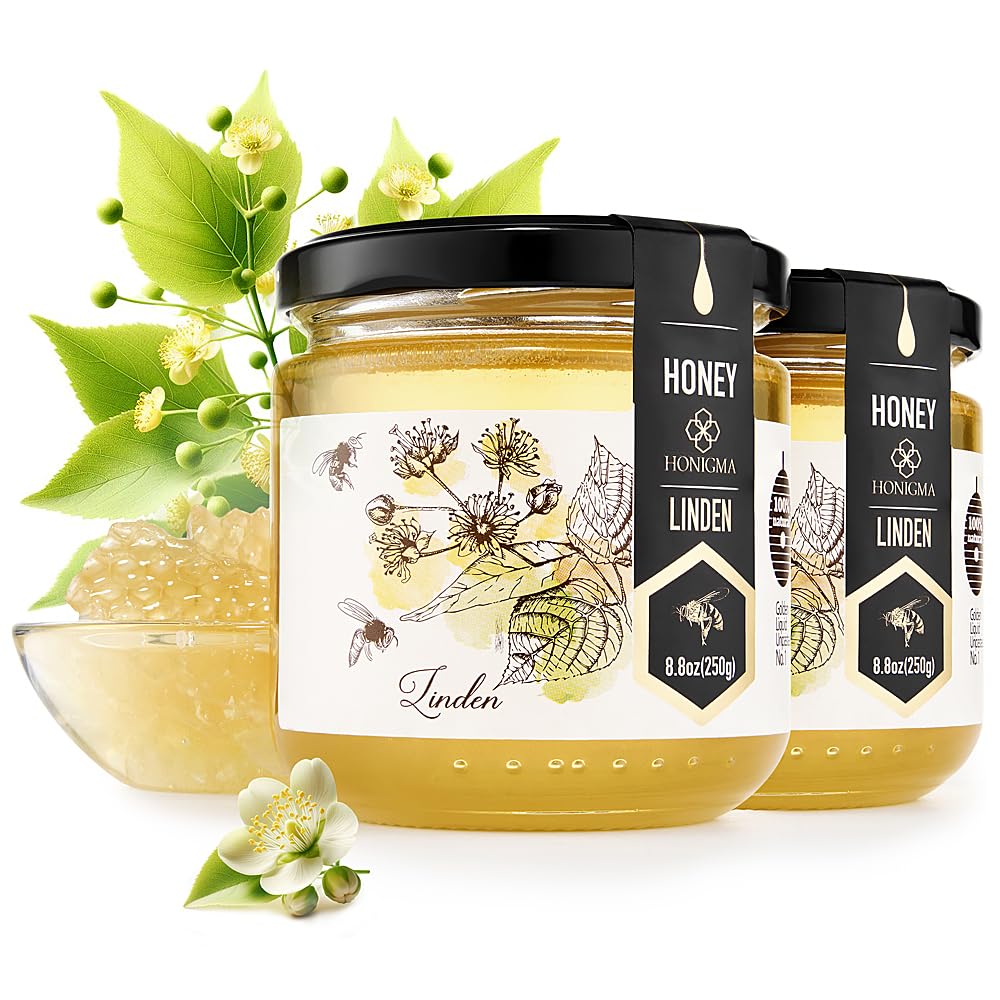 HONIGMA Raw Linden Honey - 100% Pure, Unpasteurized, Unfiltered, 250g/8.8oz, Partially Crystallized