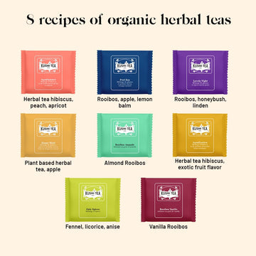 KUSMI TEA Organic Herbal Tea Gift Set - Caffeine-Free Sampler Assortment - 24 Tea Bags - Hibiscus, Chamomile, Rooibos - Model INFU24EBIO