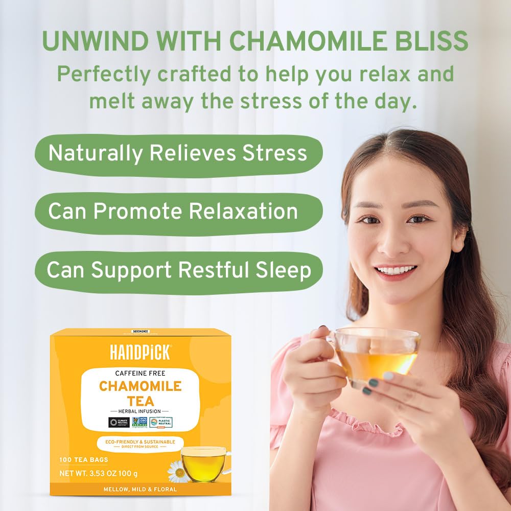 HANDPICK Organic Chamomile Tea Bags - Caffeine Free Herbal Tea - 100 Count