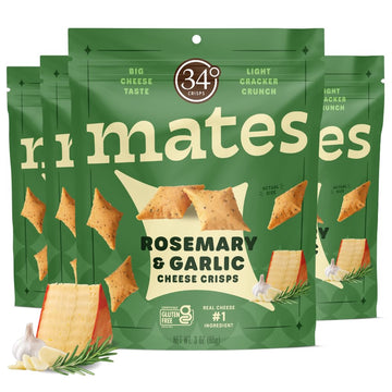 34 Degrees Mates Rosemary Garlic Cheese Crisps - Light & Crispy Gouda Cheese Crackers | Gluten-Free, Low Calorie, Healthy Snack 