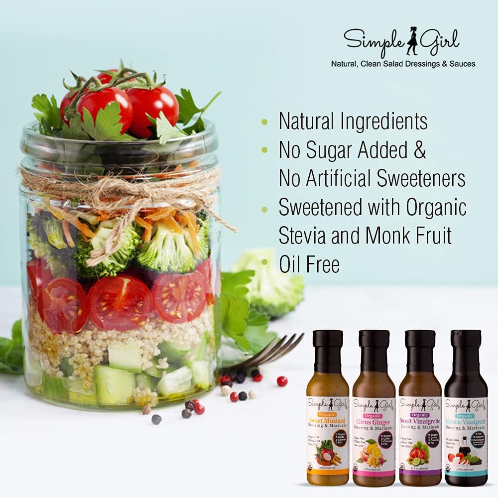 Simple Girl Organic Salad Dressing Variety - Sweet Vinaigrette, Balsamic Vinaigrette, Sweet Mustard And Citrus Ginger - Sugar Free Dressings, Low/No Carb, Fat Free, Diabetic, Gluten Free, Vegan, Paleo, And Keto Friendly - 4 Pack (12 Fl Ounce Each)
