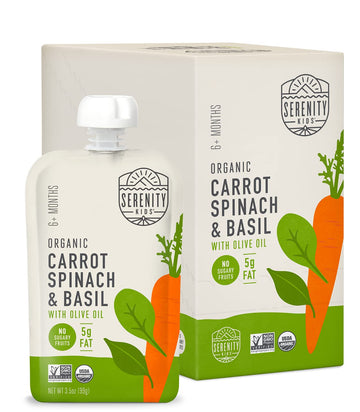 Serenity Kids 6+ Month Organic Veggie Puree Baby Snacks Pouches - Carrot, Spinach & Basil - No Sugar Added, Bpa Free & Allergen Free Baby Puree Pouches - 3.5 Oz, 6 Pack