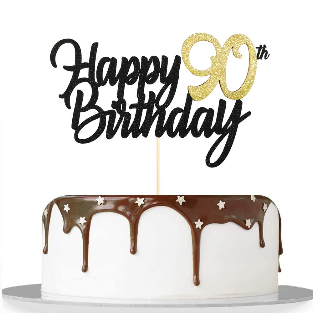 JUTTIRA 90th Birthday Cake Topper Glitter Anniversary Decoration Gold Bamboo for Men Women