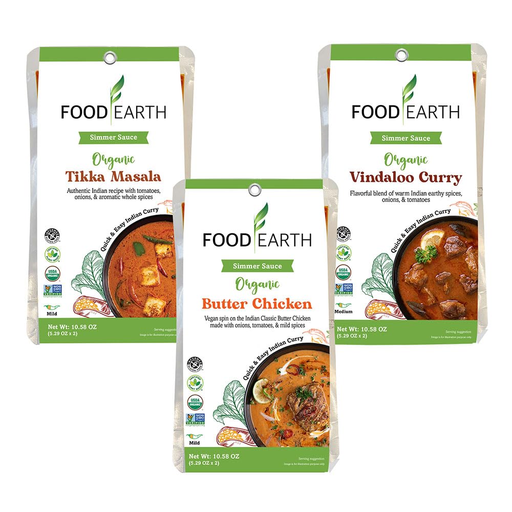Food Earth Indian Simmer Sauce Trio - Vindaloo, Butter Chicken, Tikka Masala - Organic, Vegan, Gluten-Free, GMO-Free - 6 Prepack