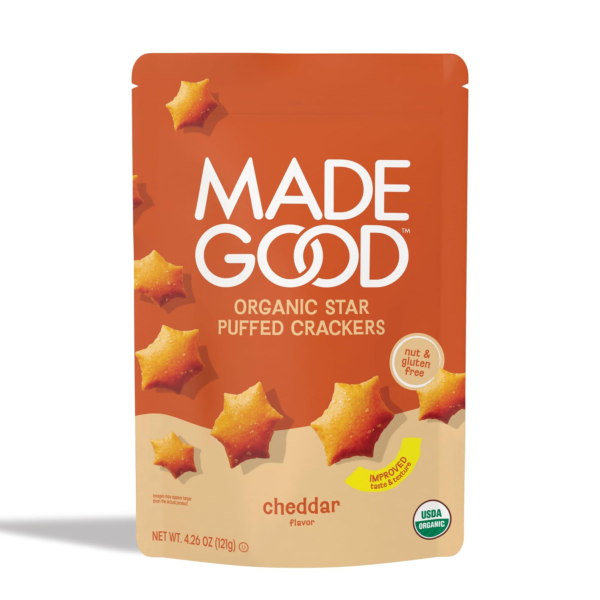 MadeGood Cheddar Star Puffed Crackers, Organic Snacks, 4.26oz Pouch, Pack of 1