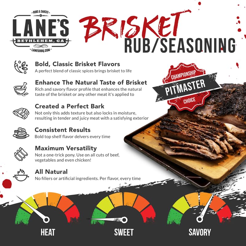 Lanes Brisket Rub Seasoning, All-Natural BBQ Rub, Perfect for Burgers, Steaks & Pork, 12.4 Oz