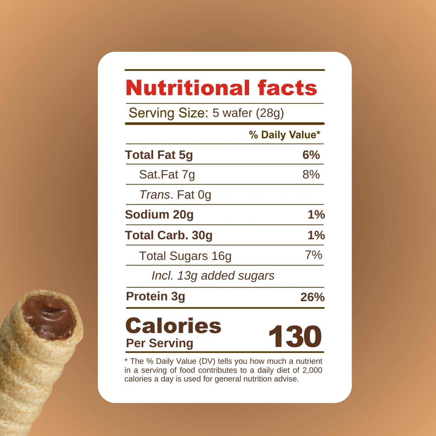 Pirucream Rolled Wafers with Chocolate Hazelnut, Organic Alkaline 100% Cocoa - No Trans-Fat, Preservatives, Colorants or Additiv