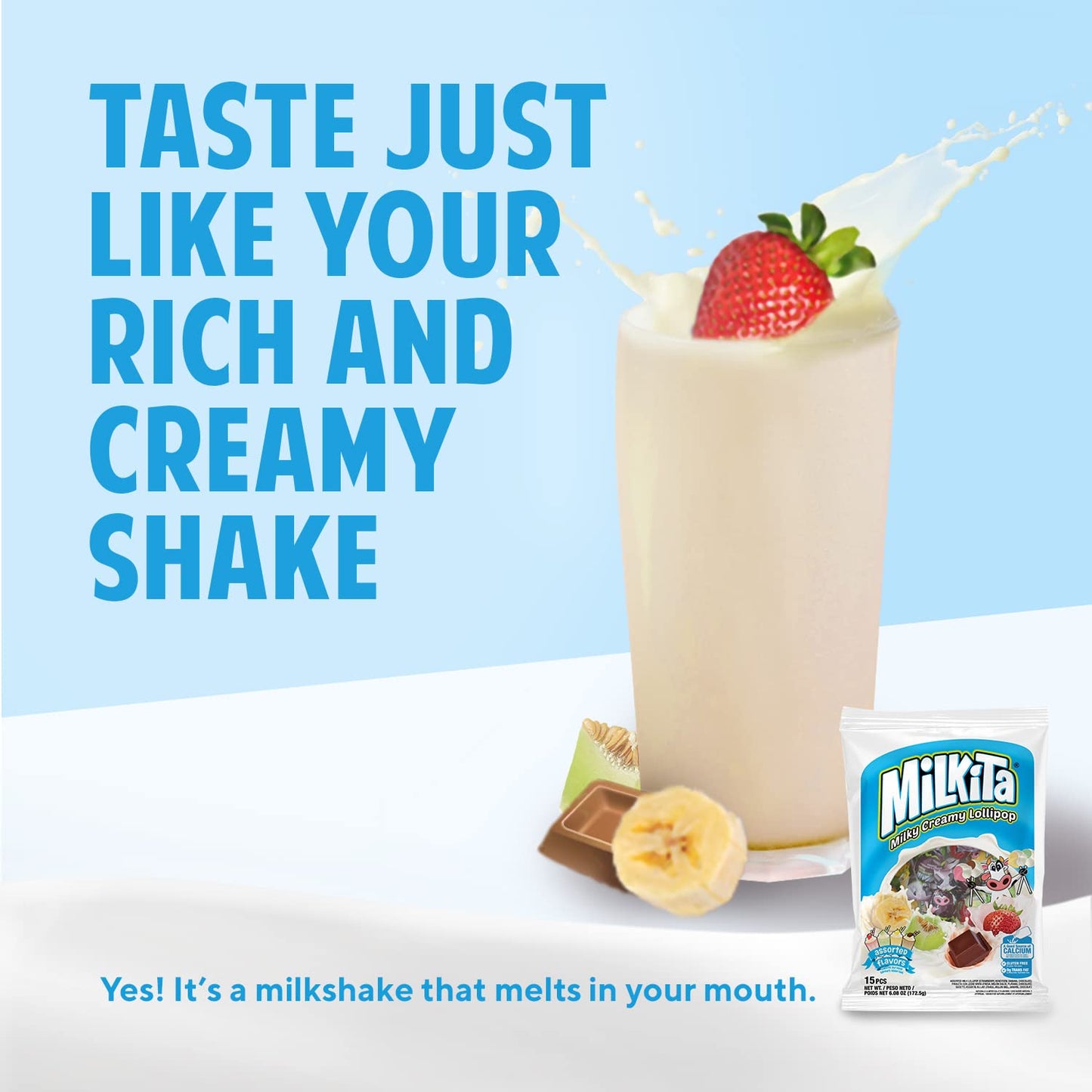Milkita Creamy Shake Lollipop Bag, Gluten Free Chewy Candies With Calcium & Real Milk, Low-Sugar, Assorted Flavors (Strawberry,