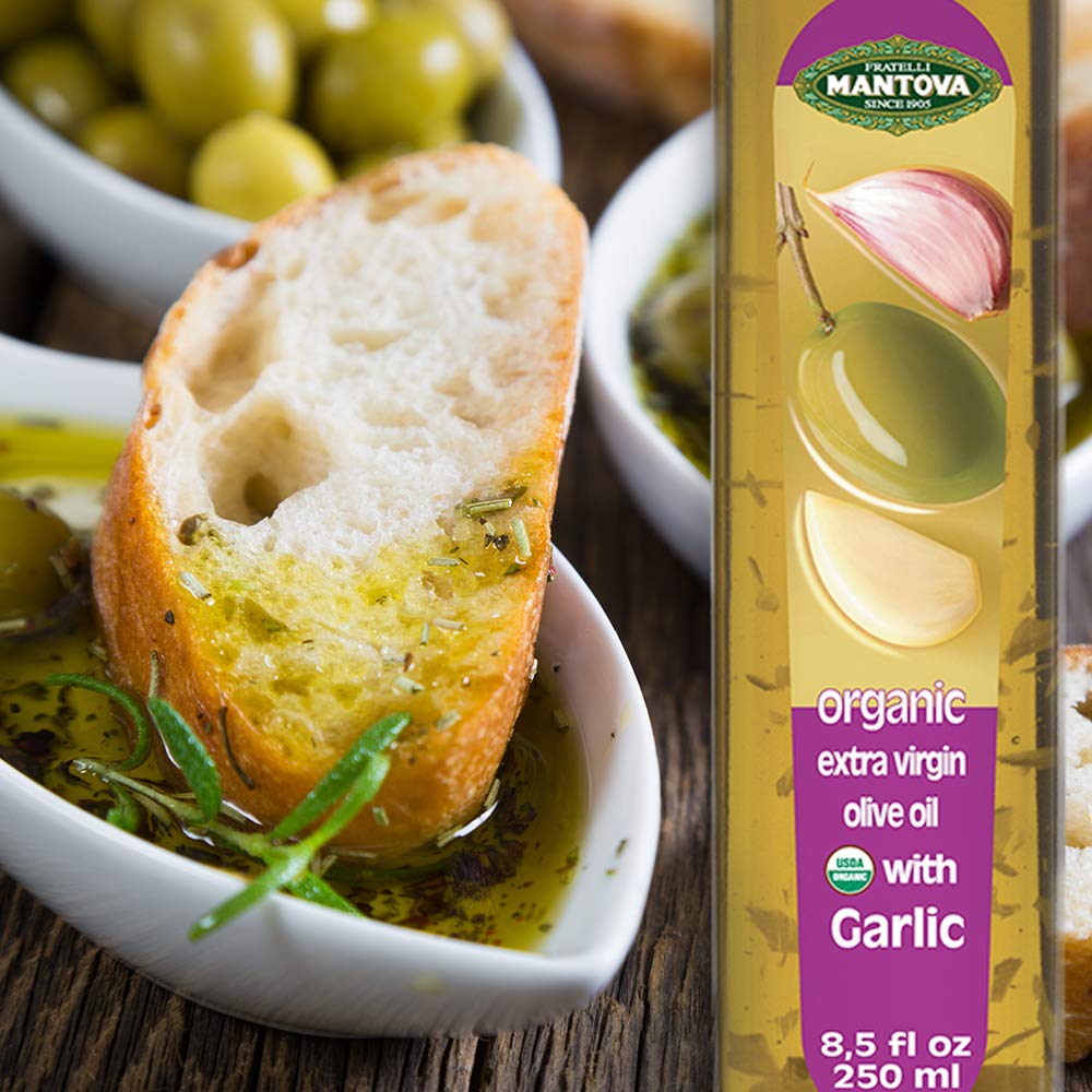 Mantova USDA Organic Garlic Extra Virgin Olive Oil (EVOO), Cold-Pressed, Imported from Italy. Perfect for salad dressing, vegeta