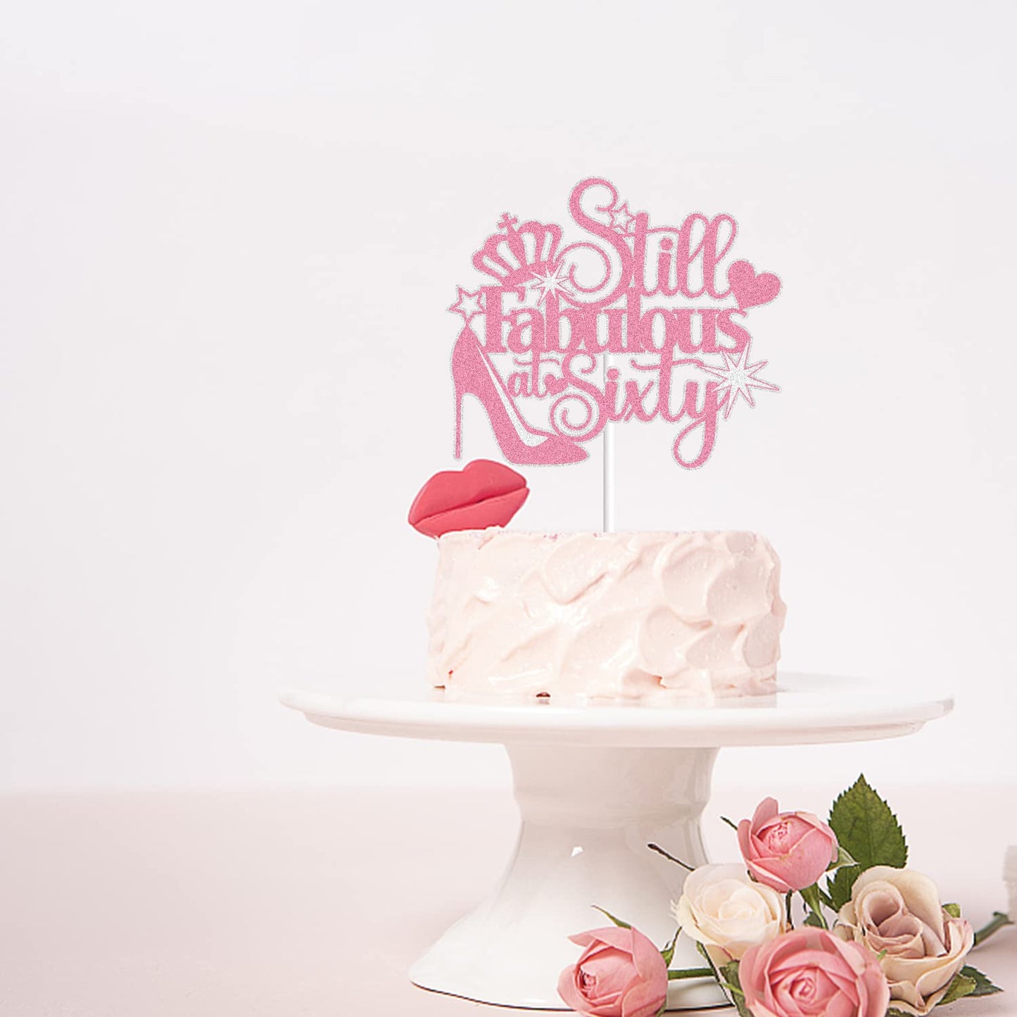 Still Fabulous At Sixty Cake Topper Pink Glitter 60 Years Old Happy 60Th Birthday Cake Decoration High Heel Crown Queen Stepping