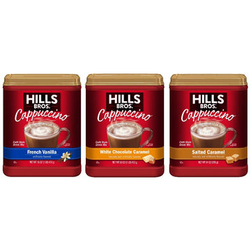 Hills Bros. Instant Cappuccino Mix, French Vanilla, Salted Caramel, & White Chocolate Caramel Variety Pack (Pack Of 3) – Convenient Instant Hot Or Iced Coffee, Frothy & Rich Flavor - Just Add Water