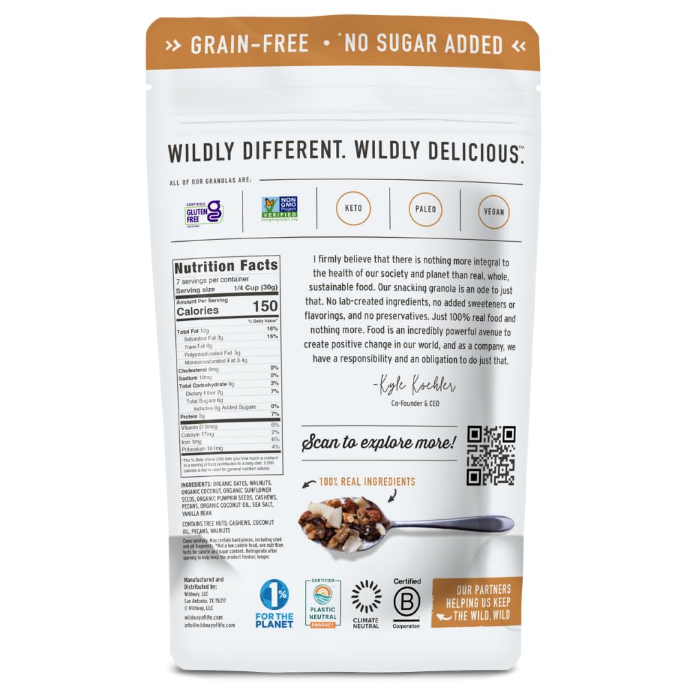 Wildway Keto Granola | Coconut Cashew | Grain-Free, Certified Gluten-Free Cereal | Vegan, Low Carb | No Sugar Added | Paleo-Frie