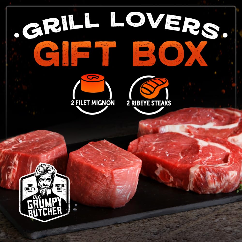 Grumpy Butcher Mignon & Ribeye Steaks Basket: 2 Filet Mignons (8 Oz Each) And 2 Ribeyes (14 Oz Each) - Food Gifts Carne Asada