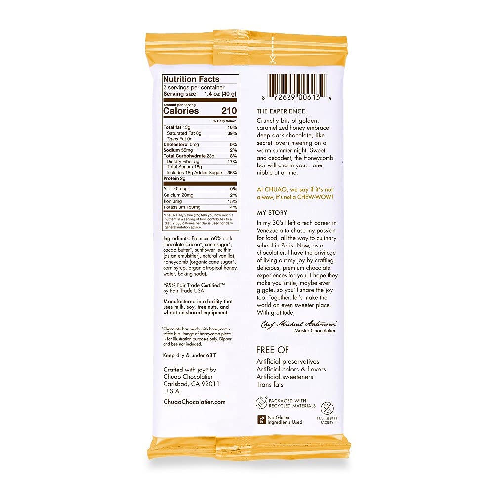 Chuao Chocolatier Honeycomb Dark Chocolate Bars | Gourmet Chocolate Honey Artisan European No Preservatives | For Gift Baskets, Christmas, Valentines Day, Gifts For Women, Men, Birthday, Thank You, Care Package | 3 Pack