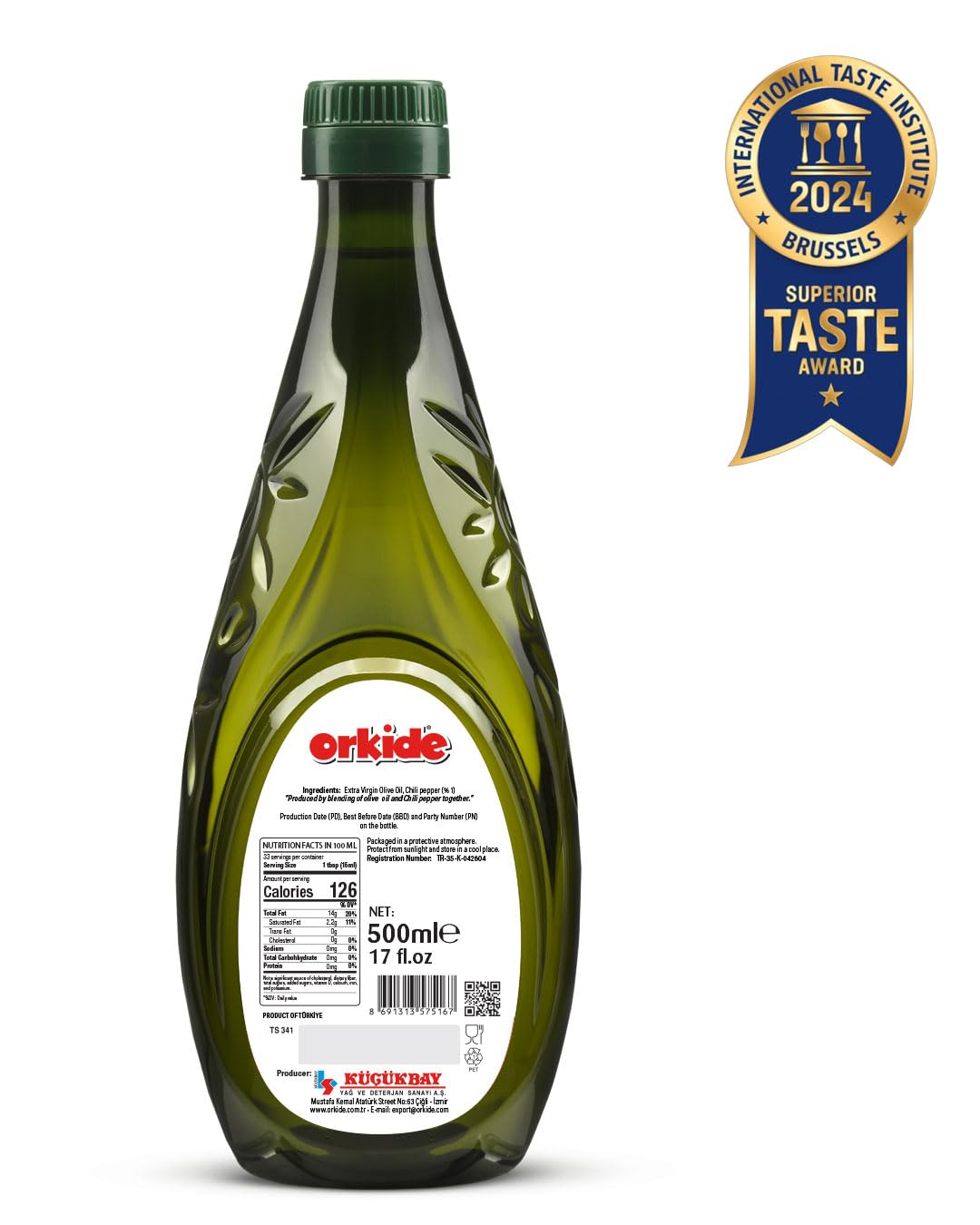 Orkide Hot Chili Infused Olive Oil Robust Mediterranean Blend, Ffa 0.3, Polyphenol+400 (Chilli 17 Fl Oz)