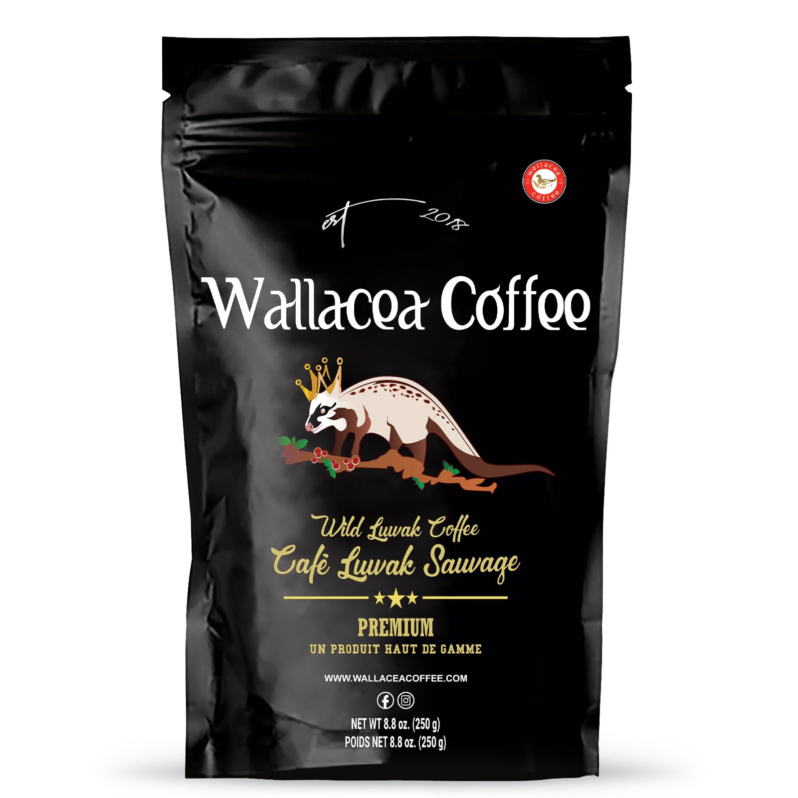 Wallacea Coffee Certified Wild Kopi Luwak Coffee Ground, Civet Coffee, Kopi Luwak From Gayo Sumatra Indonesia Low Acid Medium Dark Roast (8.8 Oz)