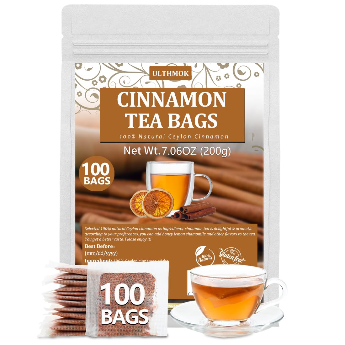 ULTHMOK Ceylon Cinnamon Tea Bags, 100% Pure, Caffeine Free, 100 Count, No Additives