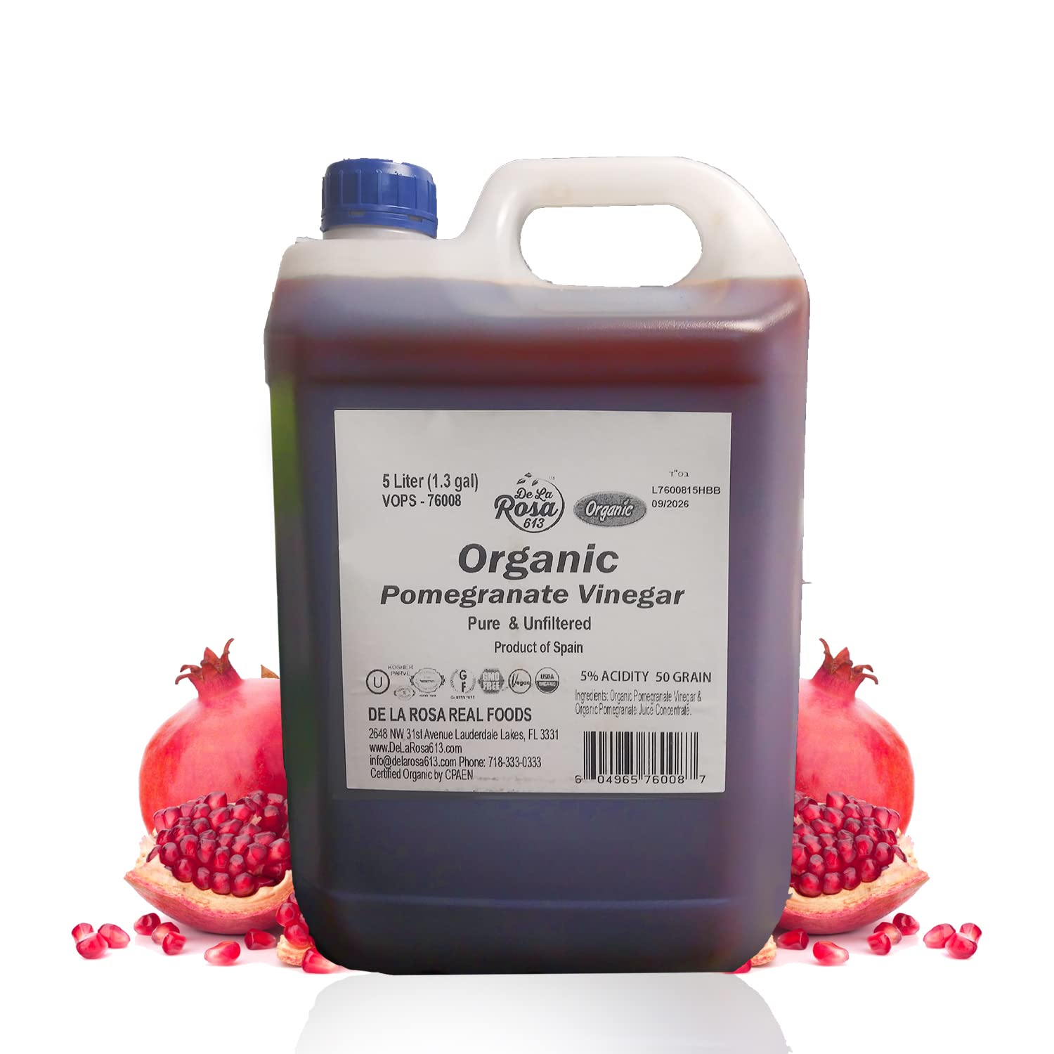 De La Rosa Organic Pomegranate Vinegar, Pure & Unfiltered, Vegan, 169.07 Fl Oz