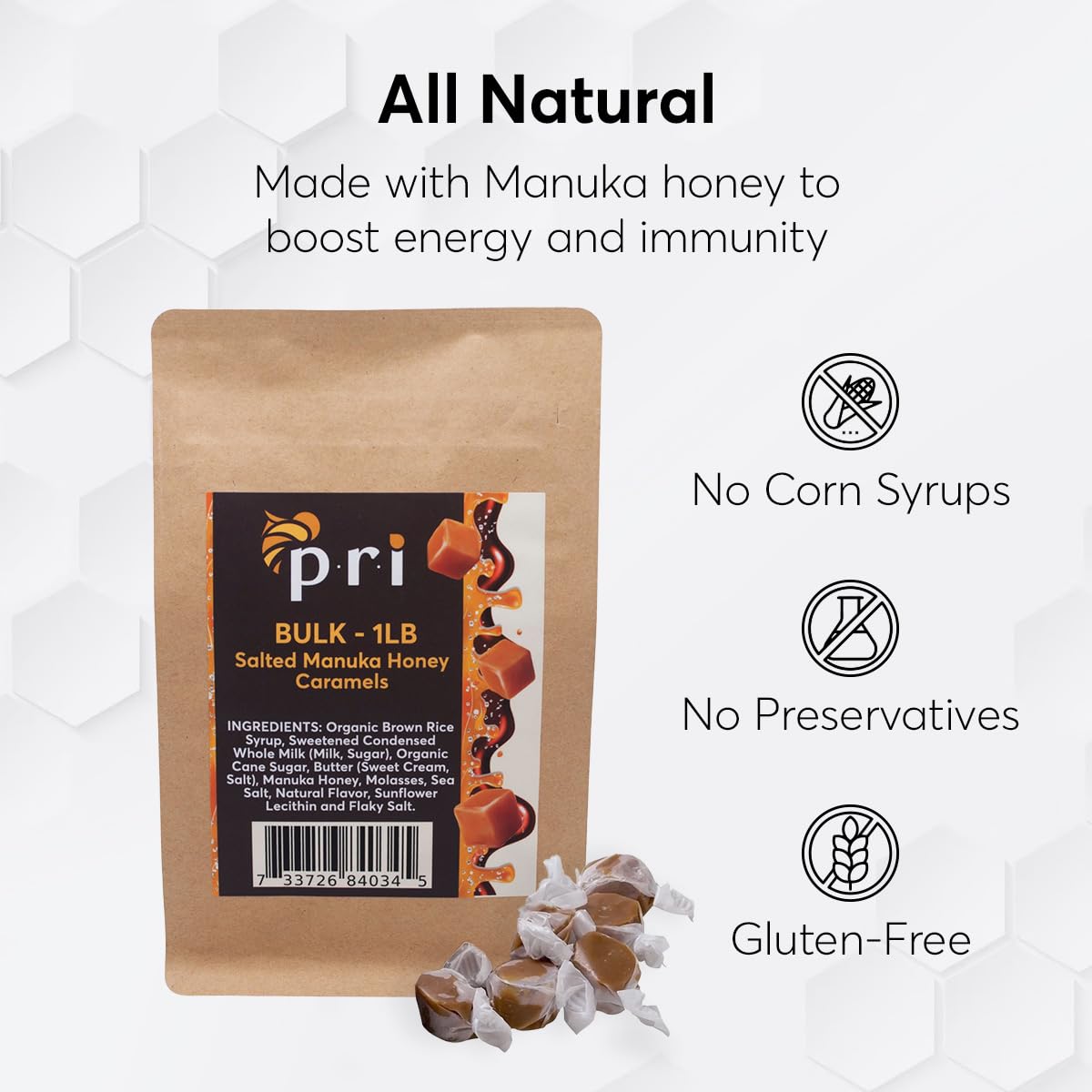 P.R.I Manuka Honey Salted Caramels, Sweet And Chewy All Natural Treats, 1Lb