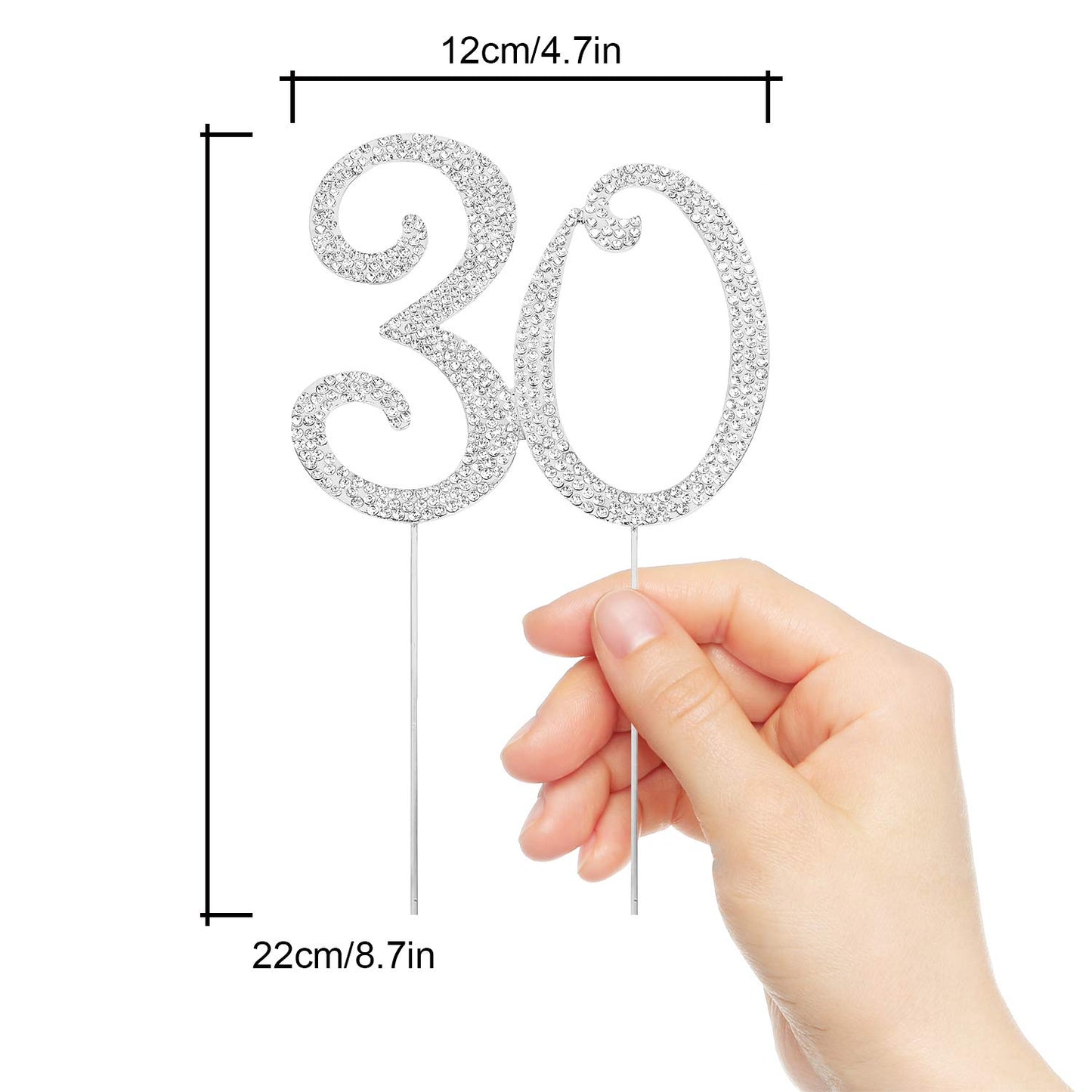 Hatcher Lee Bling Crystal 30 Birthday Cake Topper - Silver 30th Party Decoration, Model HCL-017, Made of Crystal and Metal