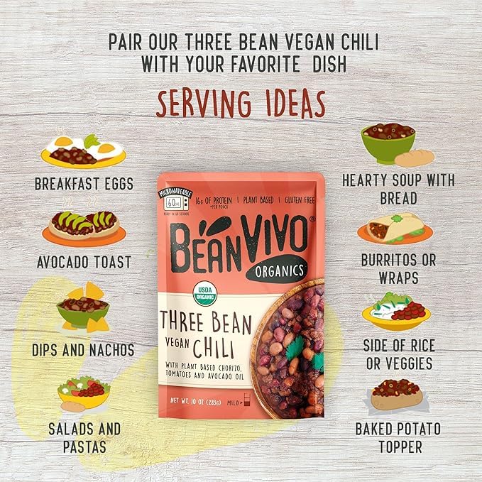 Beanvivo (Pack Of 3) Organics Plant Based Protein Three Bean Vegan Chili - Good Source Of Fiber - Nutritious & Microwave Meals -