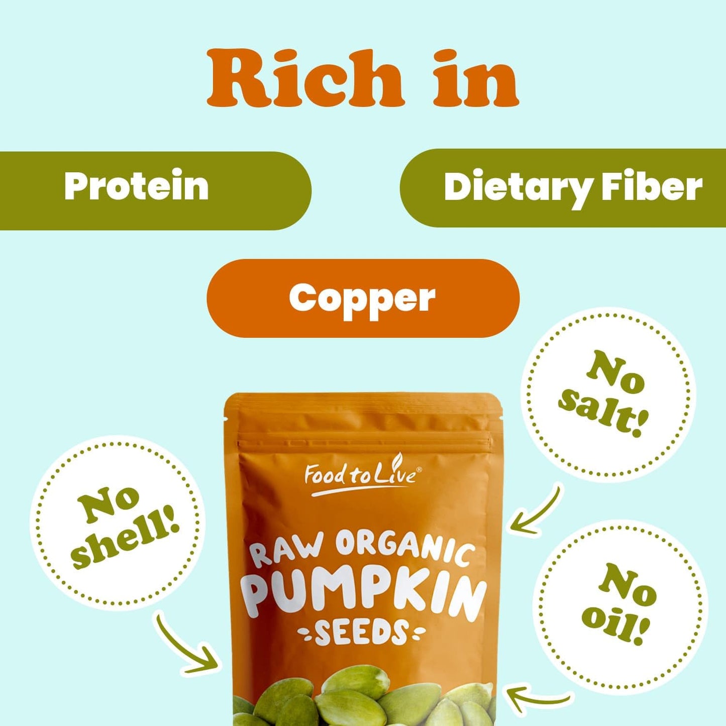 Food To Live Organic Raw Pepitas, 8 Pounds — Non-Gmo, Pumpkin Seed Kernels, Unsalted, No Oil, No Shell, Vegan, Kosher, Bulk. Keto Snack.