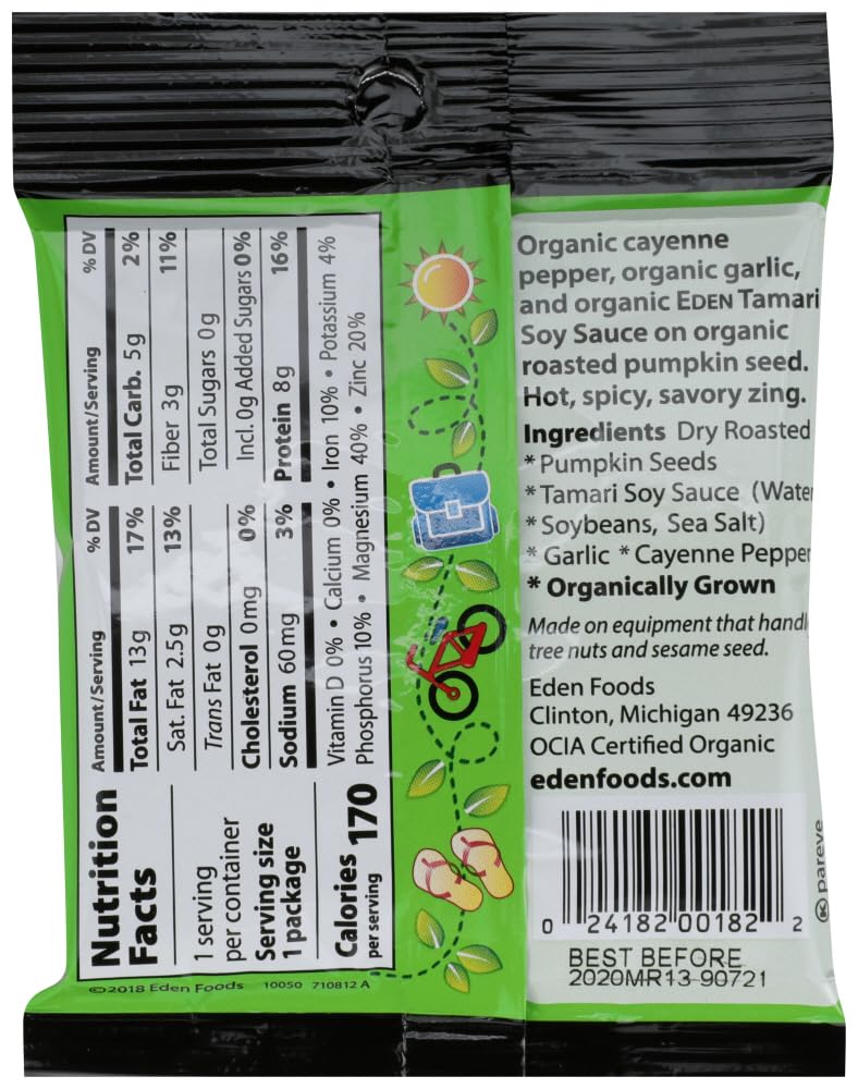 Eden Organic Spicy Pumpkin Seeds, Dry Roasted, Pocket Snacks, 1 Ounce (Pack of 12)