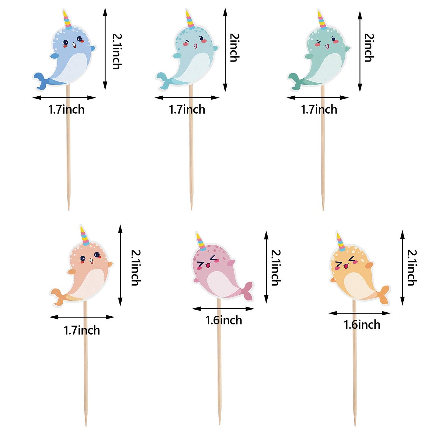 Boao Narwhal Cake Toppers, Ocean Birthday Party Decorations, 48 Count, Paper, Blue/Pink/Light Blue/Yellow/Light Green/Orange