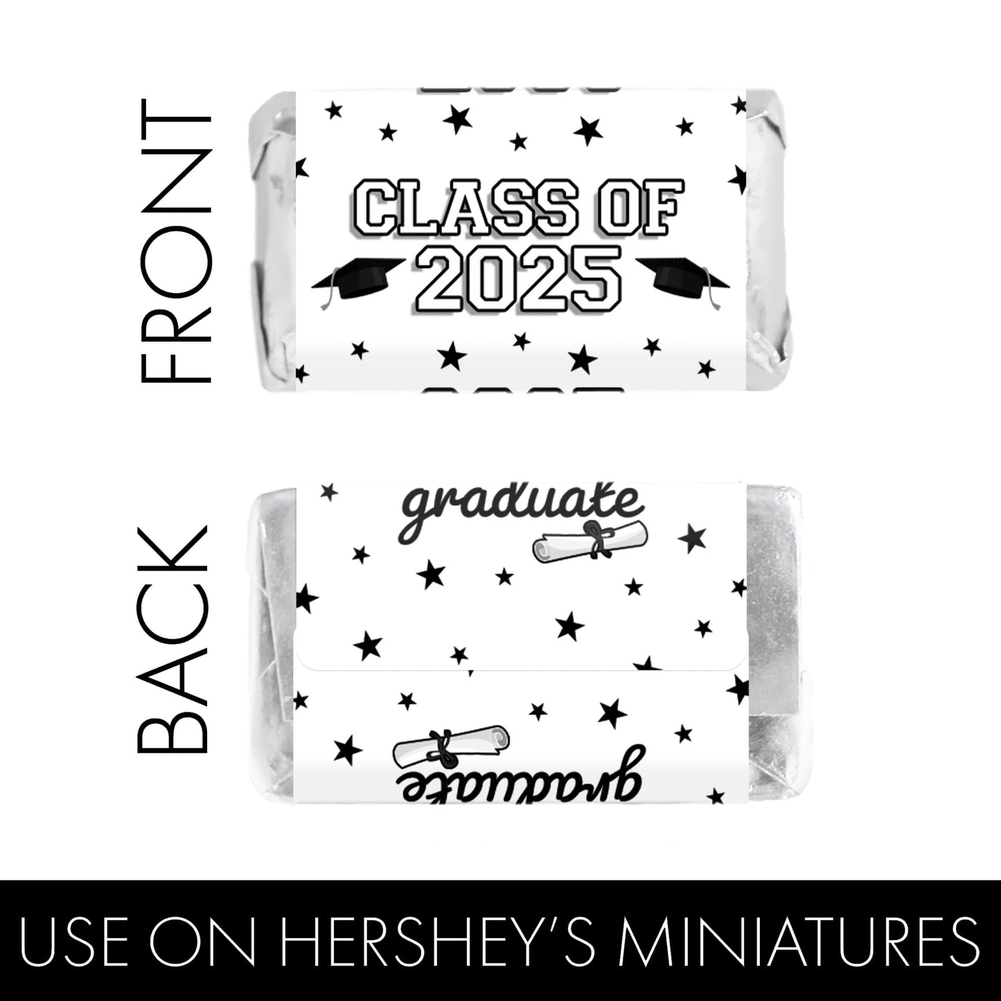 DISTINCTIVS Graduation Party Favor Stickers, Class of 2025, Candy Wrappers for Miniature Candies, 45 Count, White