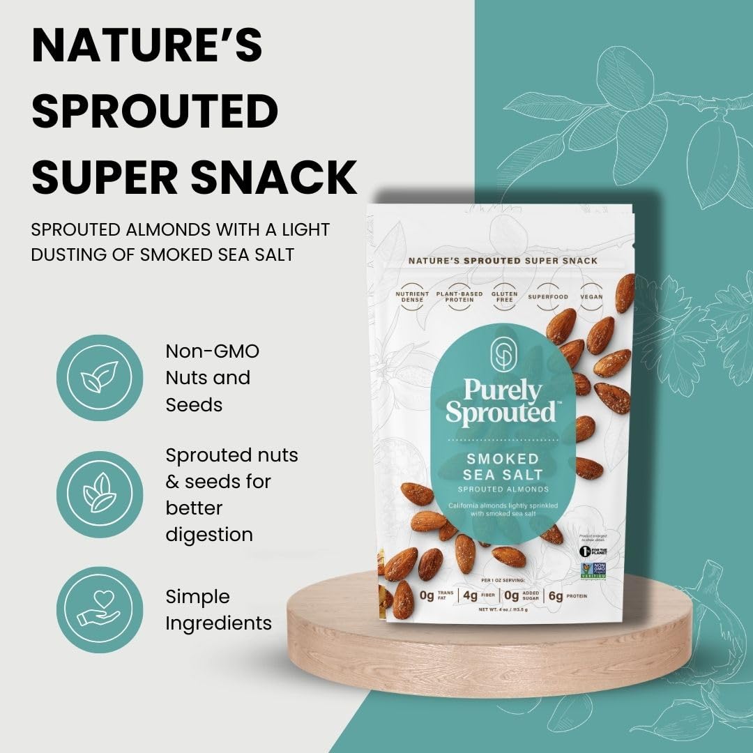 Purely Sprouted Smoked Sea Salt Almonds, Vegan & Gluten-Free, 4 oz Pack of 6