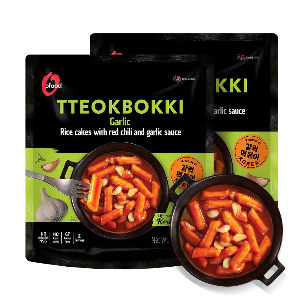 C OFood Garlic Tteokbokki  Gluten-Free Korean Rice Cakes  Authentic Spicy Korean Street Food Snack  Perfect with Cheese and Ramen Noodles  Ready to Eat  No MSG  No Corn Syrup  Pack of 2