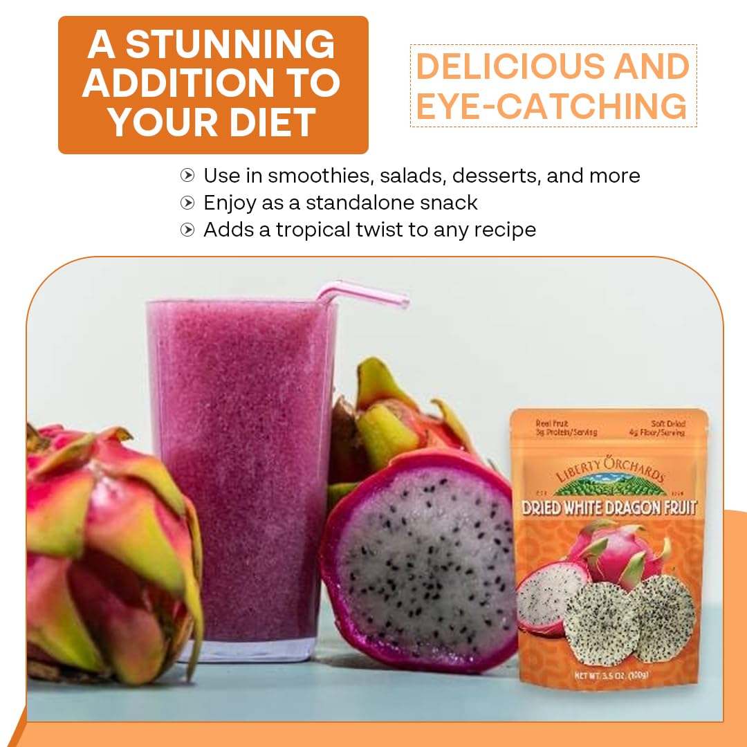 Liberty Orchard Organic Dried White Dragon Fruit With Fiber - Ideal For Recipes Or A Nutritious Fruit For Busy Lifestyle- Nutrie