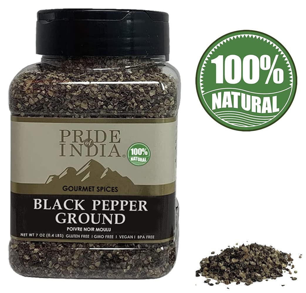 Pride Of India Black Pepper Ground - Pack of 6 - 7oz Medium Dual Sifter Jar - Fresh & Preservatives Free
