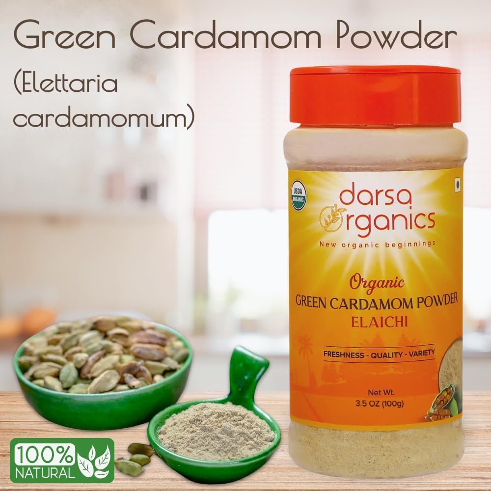 Darsa Organics Green Cardamom Powder 3.5 Oz, Usda Organic Ground Cardamom, Non-Gmo, Gluten-Free, Kosher, Freshly Milled Organic